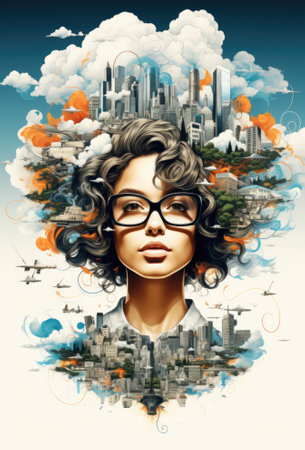 A woman with glasses and clouds in the background, AIの素材