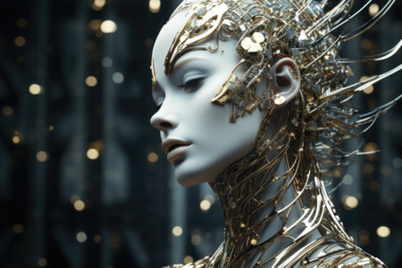 A woman with gold and silver hair and a robot head, AIの素材