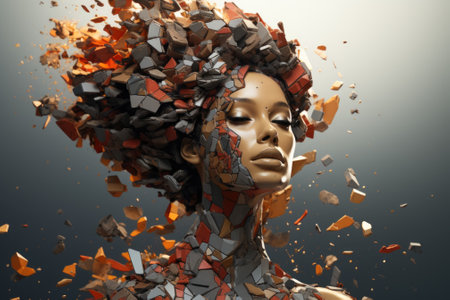 A woman with a broken head and broken pieces of her hair, AIの素材
