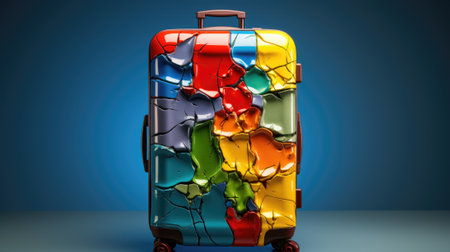 A colorful suitcase with a cracked paint design, AIの素材