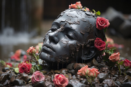 A funeral statue of a woman with flowers on her head, AIの素材