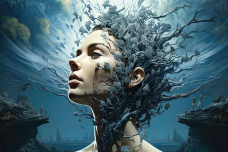 A woman with her head covered in branches and trees, AIの素材