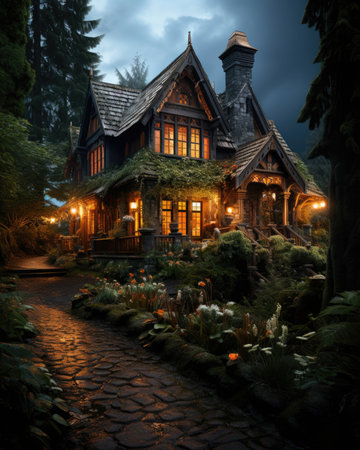 A beautiful house in the woods at night, AIの素材