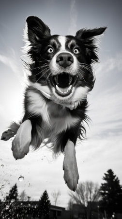 A black and white photo of a dog jumping in the air, AIの素材