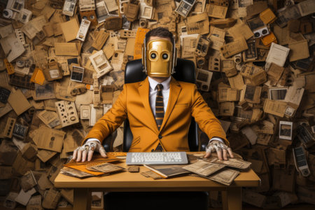 A man in a suit sitting at a desk surrounded by papers and gadgets, AIの素材