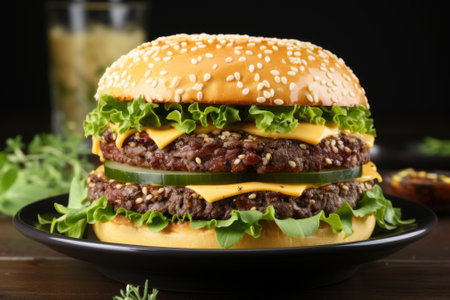 A large cheeseburger with lettuce and tomato on a black plate. Generative AI image.の素材