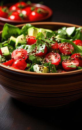 A salad with tomatoes and cucumbers in a bowl. Generative AI image.の素材