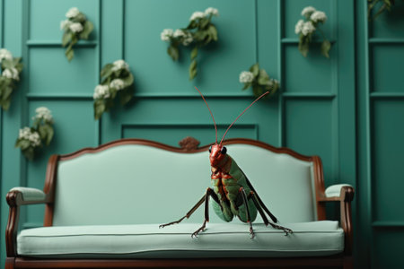 A large fantasy insect sitting on top of a white couch. Generative AI image.の素材