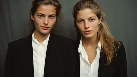 A couple of women standing next to each other. Generative AI image.の素材