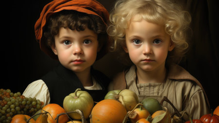 Two young children standing next to each other near a basket of fruit. Generative AI image.の素材