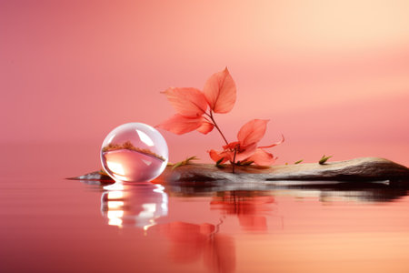 A glass ball sitting on top of a wooden log. Generative AI image.の素材