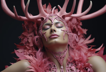 A woman in a pink dress with a deer headdress. Generative AI image.の素材