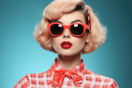 A woman wearing sunglasses and a bow tie. Generative AI image.の素材