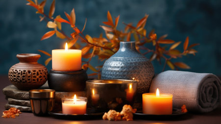 A group of candles sitting on top of a table. Generative AI image.の素材