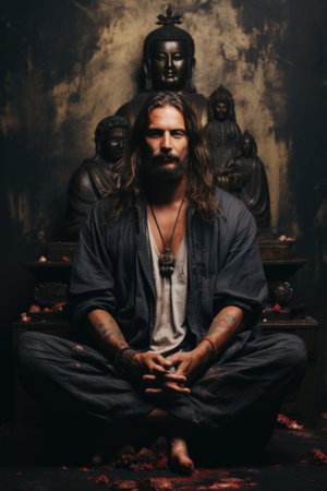 A man with long hair and a beard sitting in front of a statue. Generative AI image.の素材