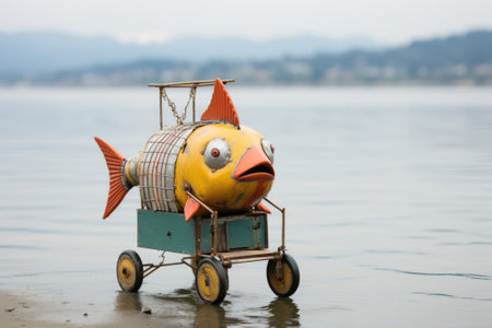 A toy fish sitting on top of a cart in the water. Generative AI image.の素材