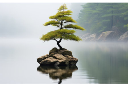 A lone tree sitting on top of a rock in the middle of a lake. Generative AI image.の素材