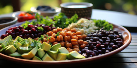 A plate of fruit and vegetables on a table. Generative AI image.の素材