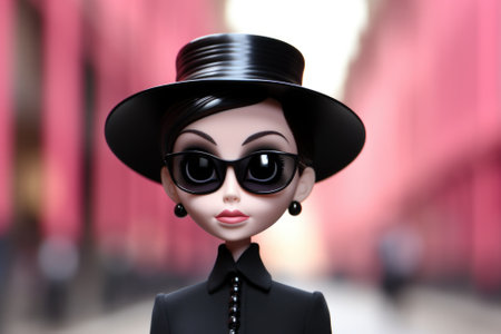 A close up of a doll wearing a hat and sunglasses. Generative AI image.の素材