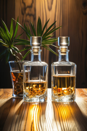 Three bottles of alcohol sitting on top of a wooden table. Generative AI image.の素材
