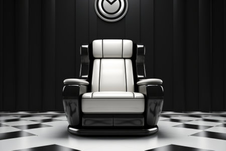 A black and white chair in a room with a clock on the wall. Generative AI image.の素材