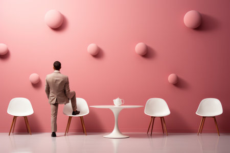 A man in a suit standing in front of a pink wall. Generative AI image.の素材