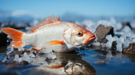 A dead fish sitting on top of a pile of ice. Generative AI image.の素材
