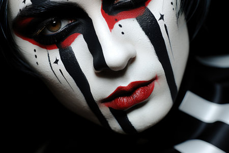 A close up of a person with a painted face. Generative AI image.の素材