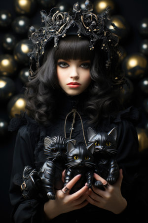 A woman in a black dress holding two black cats. Generative AI image.の素材