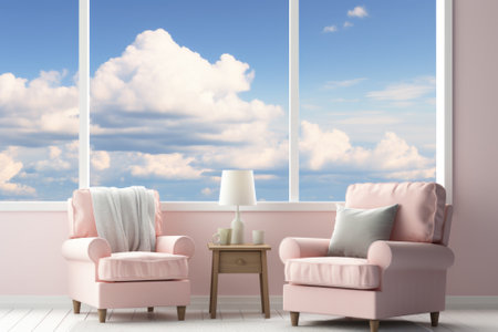 A pink room with two chairs and a table. Generative AI image.の素材