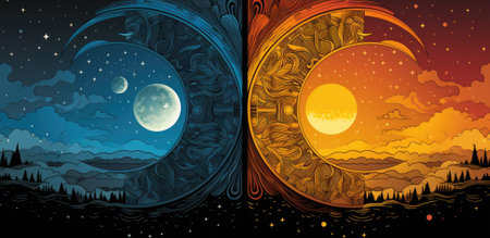A stylized picture of a moon and a sun. Generative AI image.の素材