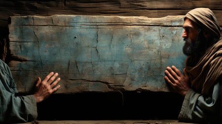 Two men in the desert holding a large wooden board, AIの素材