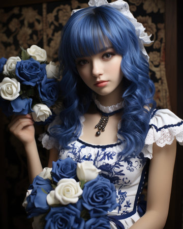 A woman with blue hair and blue hair accessories holding a bouquet of flowers, AIの素材