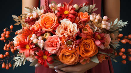 A woman holding a bouquet of flowers, AIの素材