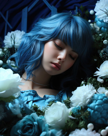A woman with blue hair laying in a bed of flowers, AIの素材