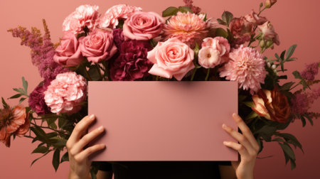 Womans hands holding a blank card over pink background, AIの素材