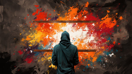 A man in a hoodie looking at a painting, AIの素材
