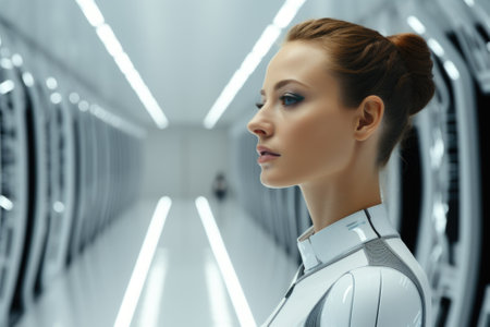 A woman in a futuristic suit stands in front of a row of servers, AIの素材