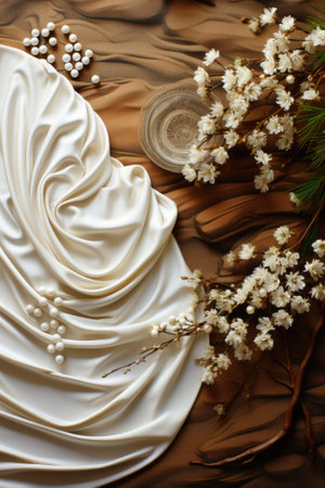 A white cloth is on a table with flowers, AIの素材