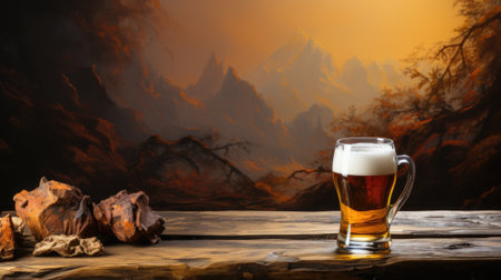 A beer glass sits on a table in front of a mountain range, AIの素材