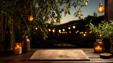 An empty wooden table with candles and plants on it, AIの素材
