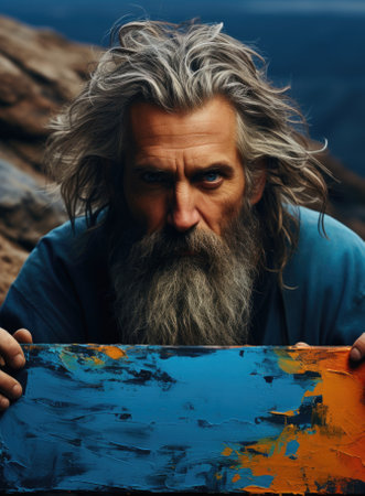 An old man with long hair holding a painting, AIの素材