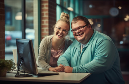 A man and woman sitting at a desk with a computer. AIの素材