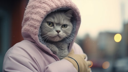A cat wearing a pink coat and hoodie. AIの素材