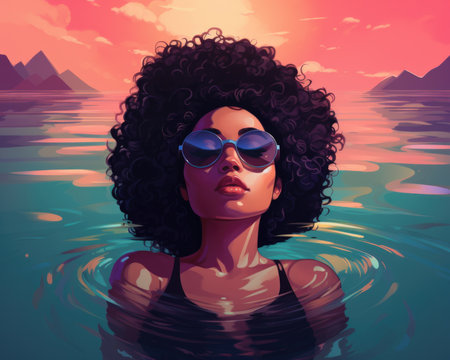 A woman with afro hair and sunglasses floating in the water. AIの素材