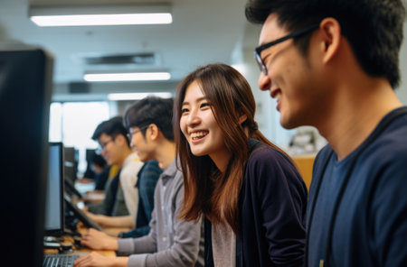 A group of young people are smiling while working on computers. AIの素材
