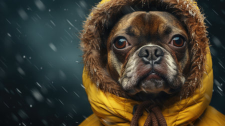 A dog wearing a yellow hooded jacket in the rain. AIの素材