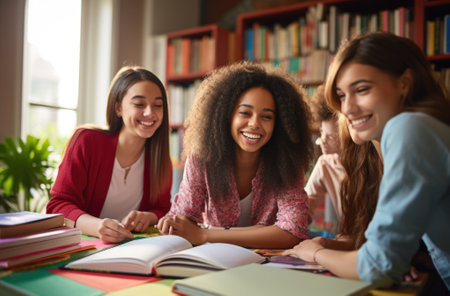 Four young happy smiling women smiling while sitting at a table with books. AIの素材