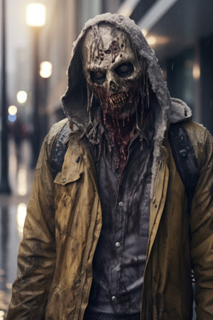 A zombie man in a hoodie and jacket walking in the rain. AIの素材