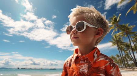 A young boy wearing sunglasses on a beach. AIの素材
